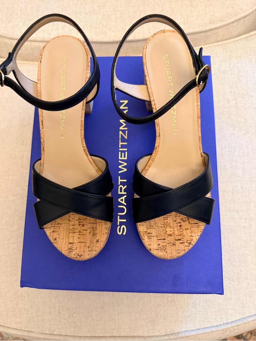 Stuart Weitzman “Dayna” Black Leather & Cork Platform Sandals